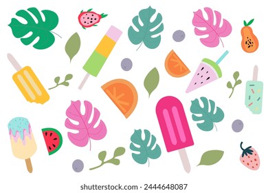 Sommer nahtlose Muster mit Eis und Früchten. Süße helle Sommerferienmuster mit tropischen Früchten, Eiscreme und Palmblatt-Vektorgrafik