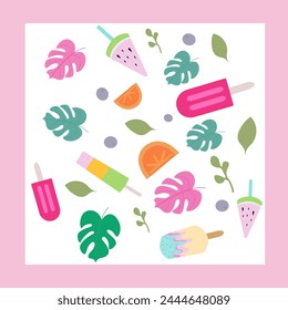 Summer seamless pattern with ice-cream and fruits. Cute bright summer vacation pattern with tropical fruits, ice cream and palm leaf vector