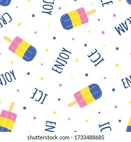 summer seamless pattern with icecream and lettering on white background, food print, vector illustration