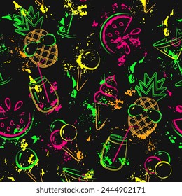 Summer seamless pattern with icons of pineapple, ice cream, cocktail glass, palm tree. Wavy paint brush strokes, splattered paint. Bright glowing neon colors. Outline, contour illustrations.