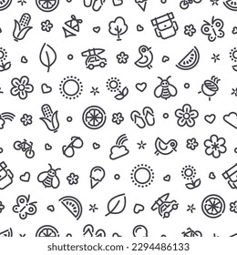 Summer Seamless Pattern with Icons. Usable for summer time design. Isolated on white background. Vector clipart template.
