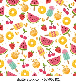 Sommernahtloses Muster. Illustration mit verschiedenen Früchten. Wassermelonen, Kirschen, Erdbeeren, Eis. Hintergrund für Stoffdruck, Textur und Verpackungspapier.