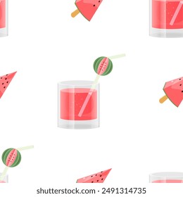 Summer seamless pattern with image of watermelon drink and watermelon slices. Vector illustration.