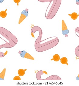 Summer seamless pattern with inflatable pink flamingo, ice cream and glasses on white background in cartoon style for child fabric, textile, nursery, wallpaper