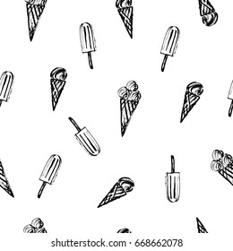 Summer seamless pattern with ink sketch ice cream cone and popsicle. Sweet dessert background in black and white.