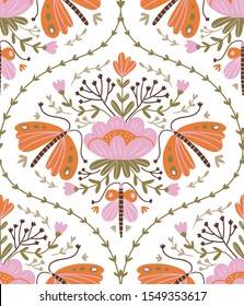 Summer seamless pattern with insects and flowers in retro style. Damask floral print. Vector hand-drawn cute pattern design for fabric or wallpaper.