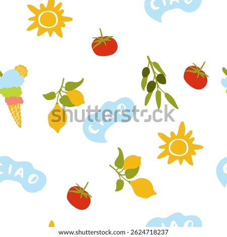 Summer seamless pattern. Italian cuisine with ice cream cone, tomato, lemons and olives. 