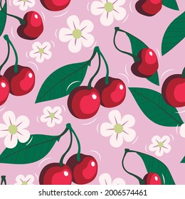 Summer seamless pattern with juicy cherries. Sweet cherry with green leaves and white flowers on a pink background. The juicy design will match the wallpaper. 