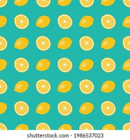 Summer seamless pattern with juicy lemons and lemon slices on green background. Vector illustration