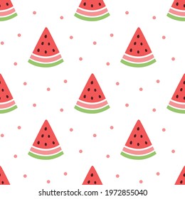 Summer seamless pattern with juicy piece of watermelon fruit and dots, in Scandinavian style. It can be used for packaging, wrapping paper, textile, home decor etc.