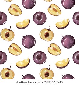 Sommernahtloses Muster mit saftigen Pflaumen auf weißem Hintergrund. Fruchtmuster für Textilien, Wickelpapier, Wallpaper, Umschläge, Dekoration, Designs verschiedener Artikel.