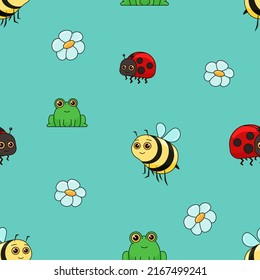 Summer Seamless Pattern for Kids, Children's Vector Illustration with ladybug, frog, bee and flowers