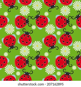 Summer seamless pattern with ladybirds and daisies