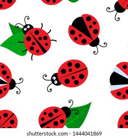 Summer seamless pattern with ladybugs and leaves isolated on white background. Vector illustration