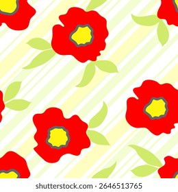 Summer seamless pattern with large stylized red poppies on background with diagonal thin and thick white, yellow and green stripes. Vintage style. For fashion design, wrapping, fabric, cover. Vector.