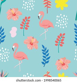 summer seamless pattern with leaf,flamingo,hibiscus on green background