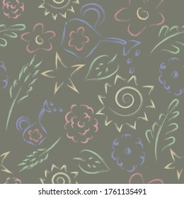 Summer seamless pattern with leafs flowers sun and watering can