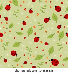 summer seamless pattern with leaves, flowers and ladybirds