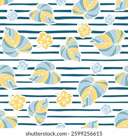 Summer seamless pattern, leaves and flowers on striped background. Print for textile and fabric