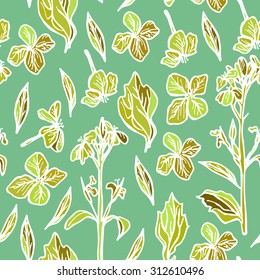 summer seamless pattern, leaves and flowers, orange and green on a green background. Vector