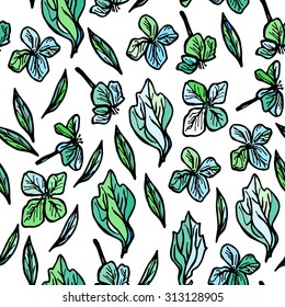 summer seamless pattern, leaves and flowers, sketch, green and black on white background. Vector