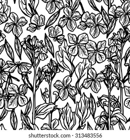 summer seamless pattern, leaves and flowers, sketch, black outline on white background. Vector
