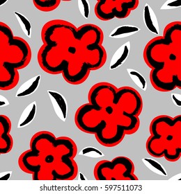 Summer seamless pattern with leaves and flowers in sketchy style. Ink floral artistic background with abstract plants. Design element for textile or wrapping paper doodle in children's style