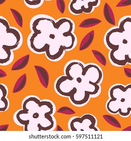 Summer seamless pattern with leaves and flowers in sketchy style. Ink artistic background with abstract plants. Design element for textile or wrapping paper in children's style