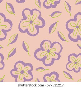 Summer seamless pattern with leaves and flowers in sketchy style. Ink floral artistic background with abstract plants. Design element for textile or wrapping paper doodle in children's style