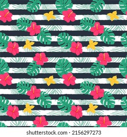 Summer seamless pattern with leaves of monstera, palm, pink and yellow flowers, hibiscus. Bright botanical vector illustrations in a flat cartoon style on a background with dark texture stripes