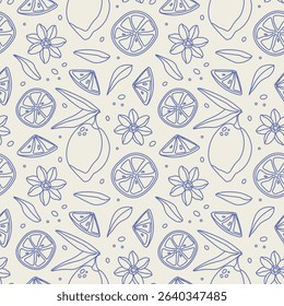 Summer seamless pattern with lemon and floral in line art. Doodle vector illustration of slices of citrus fruit, flowers and leaves on white background. For menu, summer design, poster, paper.
