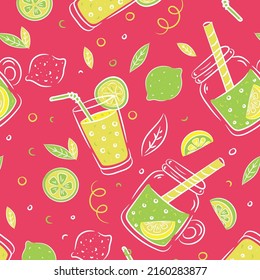  Summer seamless pattern with lemon, lemon slice, jar with lemonade, leaves. Fruit repeated background. Memphis style. Vector bright print for fabric or wallpaper.