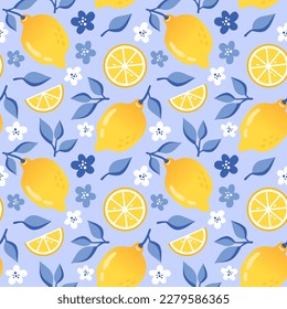 Summer seamless pattern with lemon, lemon slice, white flowers and dark blue leaves in flat style, blue background. 