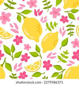 Summer seamless pattern with lemon, lemon slice, pink flowers and leaves in flat style.