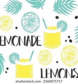 Summer seamless pattern with lemon, lemon slice, jar with lemonade, leaves. Fruit repeated background. Memphis style. Vector bright print for fabric or wallpaper.