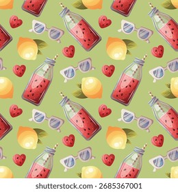 Summer seamless pattern with lemon, watermelon smoothie, sunglasses. Vector illustration for scrapbooking, background, wrapping paper.	