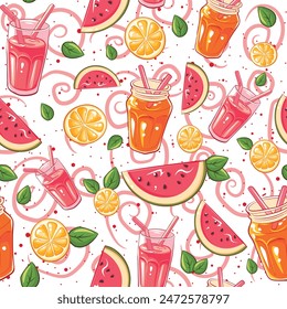 Summer seamless pattern with lemonade glasses, juice and fruits. Repeat background with lemons, watermelon slices and jars