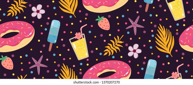 Summer seamless pattern with lemonade, inflatable donuts, ice creams, and palms leaves. Can be used wrapping paper, fabric, wallpaper, background design.