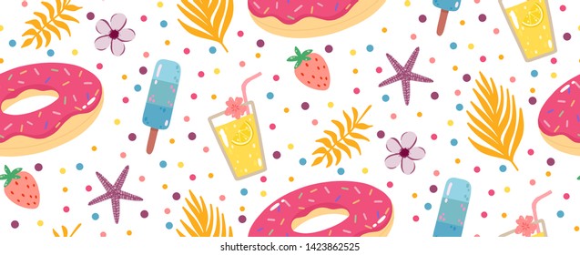 Summer seamless pattern with lemonade, inflatable donuts, ice creams, and palms leaves. Can be used wrapping paper, fabric, wallpaper, background design.