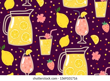 Summer seamless pattern with lemonade, lemons, strawberries, flowers, and cocktails. Can be used wrapping paper, fabric, wallpaper, background design.