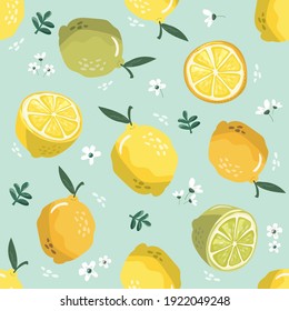 Summer seamless pattern with lemons and blossom. Sweet tropical background for textile, fabric, decorative paper. Vector illustration