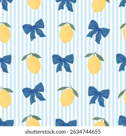 Summer seamless pattern with lemons and bows on a striped background, retro style wallpaper
