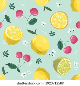 Summer seamless pattern with lemons, cherry and blossom. Sweet tropical background for textile, fabric, decorative paper. Vector