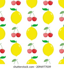 Summer seamless pattern with lemons and cherry on white background. Sweet tropical background for textile, fabric, decorative paper. Vector illustration