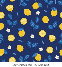 Summer seamless pattern with lemons, flowers, leaves on blue background. Perfect for wallpaper, gift paper, seasonal greeting cards. Vector illustration