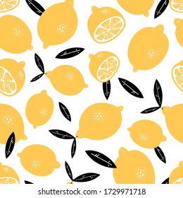 Summer seamless pattern with lemons and leaves. Repeated background. Vector print for fabric or wallpaper.