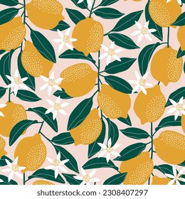 Summer seamless pattern with lemons and leaves. Repeated background. Vector print for fabric or wallpaper.