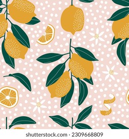 Summer seamless pattern with lemons and leaves. Repeated background. Vector print for fabric or wallpaper.