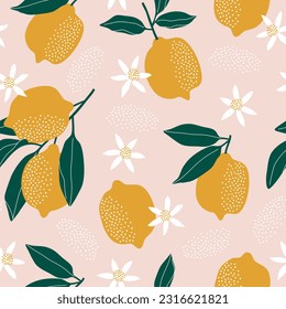 Summer seamless pattern with lemons and leaves. Repeated background. Vector print for fabric or wallpaper.