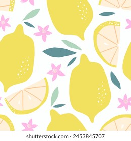 Summer seamless pattern with lemons and leaves. Repeated background. Vector print for fabric or wallpaper.